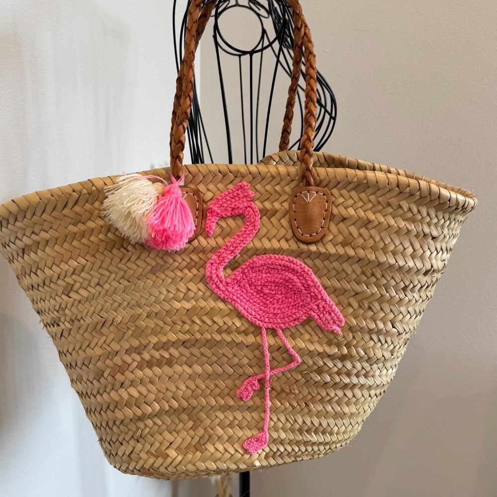 FRENCH Market Straw Basket Flamingo Pom Pom Leather Straps Beach Bag
